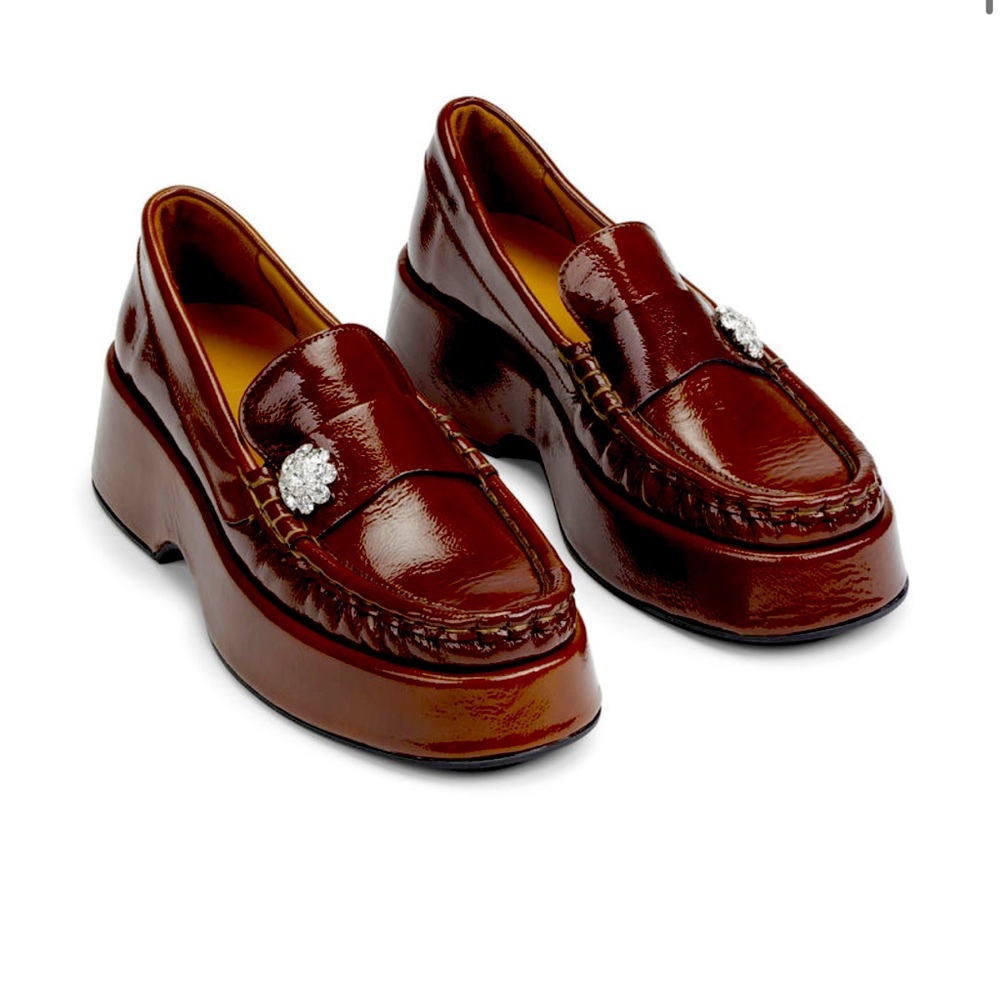 Ganni Shiny Brown Loafers with Crystal Accent